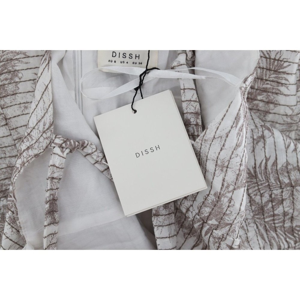 NWT DISSH WOMEN SIZE 4 KOKO CHOCOLATE PALM MIDI DRESS/ Beige White Flora Linen - Picture 11 of 12
